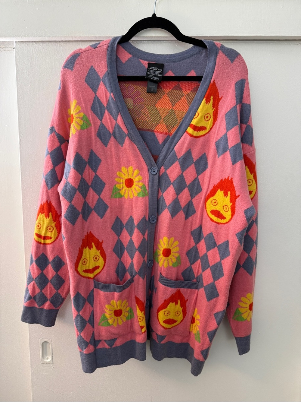 Loungefly Howl’s Moving Castle Calcifer Argyle Cardigan | Studio Ghibli | Pink